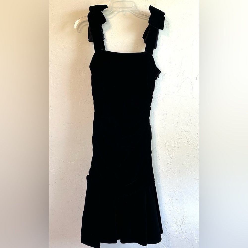 Vintage Oscar de la Renta Black Velvet Ruched Sides Bow Straps Formal Dress Sz S